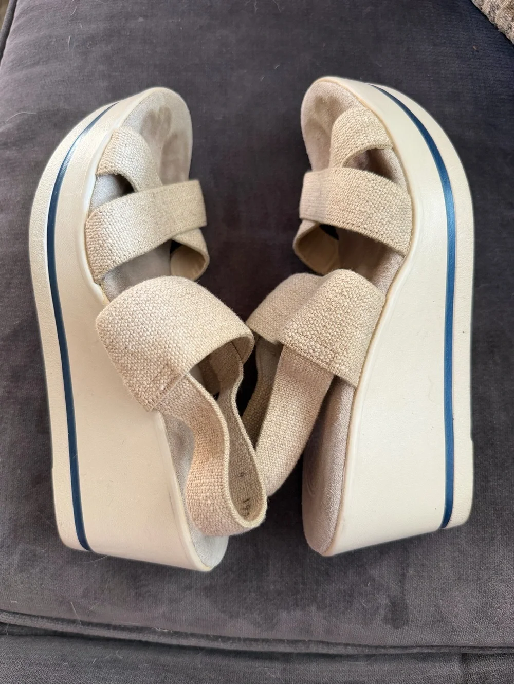 CHARLESTON SHOE CO. Neutral Tan Elastic Cross-Strap Wedge Sandals